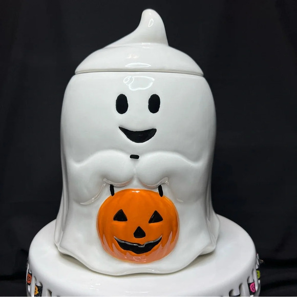 Halloween Happy Ghost w/ Pumpkin Pal Ceramic XL Cookie Jar - 2 Mugs & Spoon Rest - Picture 3 of 16